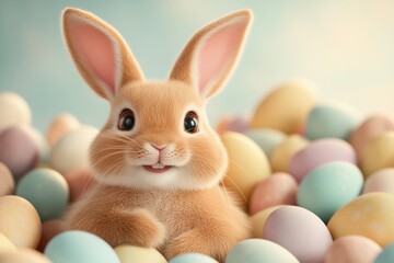 Obraz premium A joyful and cheerful Easter bunny is surrounded by an array of colorful, vibrant pastel eggs, perfectly embodying the spirit of the Easter celebration in a delightful and festive setting