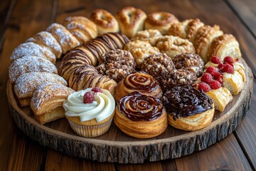Delicious assorted pastries and desserts arranged on a wooden platter