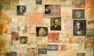 A wall of old stamps and pictures of people