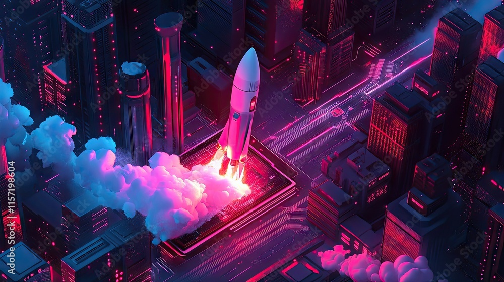 Poster rocket launch from laptop design, symbolizing tech advancement and dynamic growth.