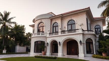 A large, two-story beige mansion with a red tile roof.  The house features arched windows and doorways, a balcony, and landscaping. The style is classical/Mediterranean.