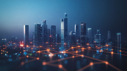 Fototapeta premium Smart digital Innovation city with connection network reciprocity over the cityscape. of future smart wireless digital city and social media networking systems that connects people with in city