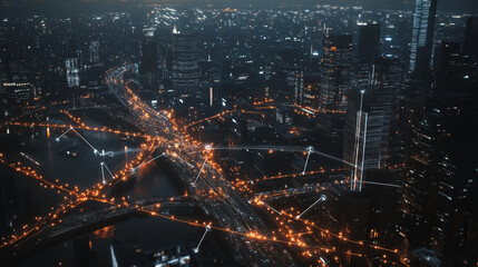 Obraz premium Smart digital Innovation city with connection network reciprocity over the cityscape. of future smart wireless digital city and social media networking systems that connects people with in city