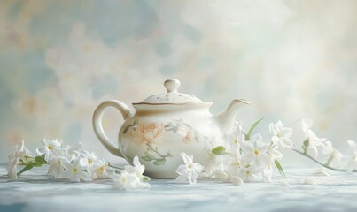 A white tea pot with flowers on it