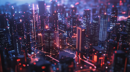 Fototapeta premium Smart digital Innovation city with connection network reciprocity over the cityscape. of future smart wireless digital city and social media networking systems that connects people with in city