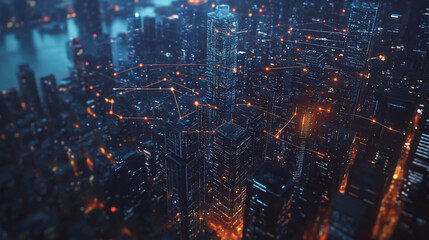 Obraz premium Smart digital Innovation city with connection network reciprocity over the cityscape. of future smart wireless digital city and social media networking systems that connects people with in city