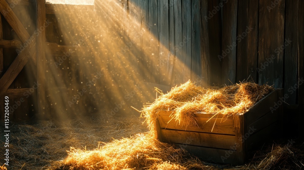 Poster sunlight filtering through barn window onto hay in rustic setting