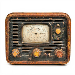 Vintage Radios with Wooden and Metal Casings Featuring Analog Dials, Knobs, and Speaker Grills in...