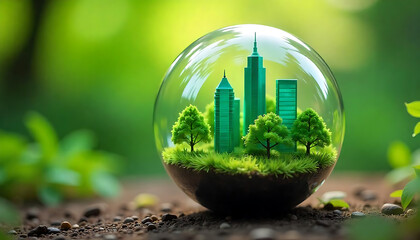  A miniature green city landscape inside a glass sphere, with skyscrapers, trees, and lush foliage, Sustainable energy pattern, Green sphere, created with generative ai
