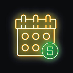 Neon yellow calendar with green dollar sign showing payment day on black background