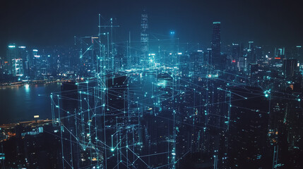 Obraz premium Smart digital Innovation city with connection network reciprocity over the cityscape. of future smart wireless digital city and social media networking systems that connects people with in city