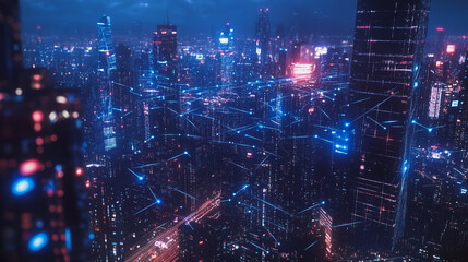 Fototapeta premium Smart digital Innovation city with connection network reciprocity over the cityscape. of future smart wireless digital city and social media networking systems that connects people with in city