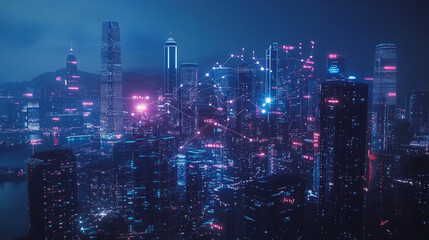 Fototapeta premium Smart digital Innovation city with connection network reciprocity over the cityscape. of future smart wireless digital city and social media networking systems that connects people with in city