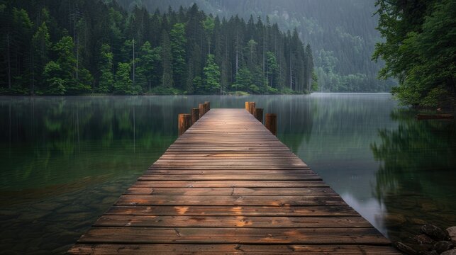 A wooden pier extending into a softly lit lake surrounded by forest
