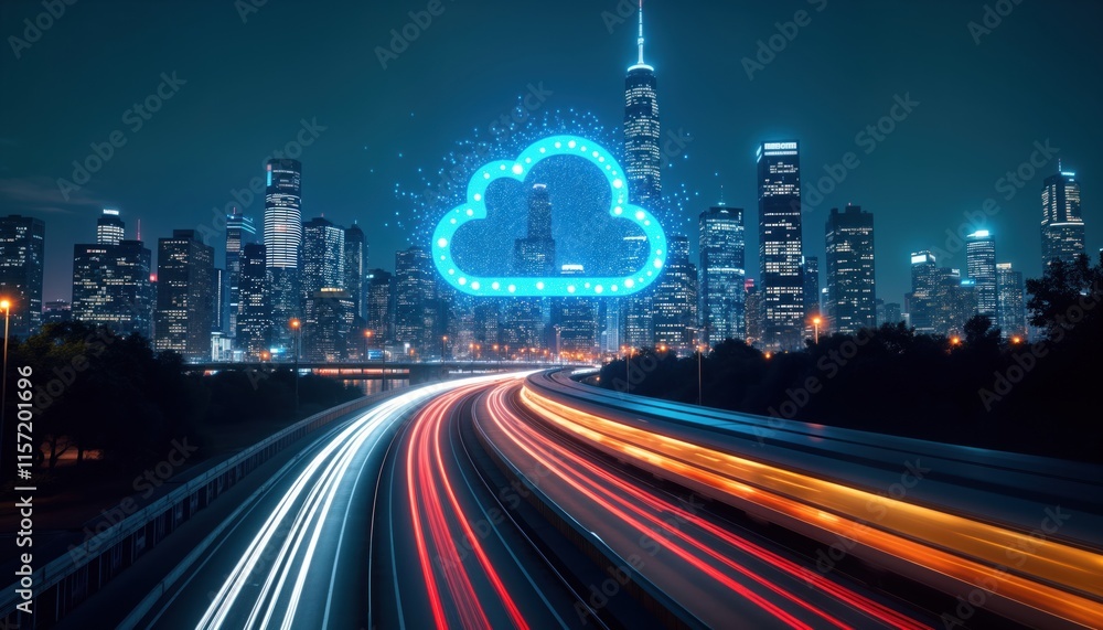 Aufkleber City skyline at night. Cloud computing tech icon. Fast moving cars. Modern urban scene. Global network connection. Dynamic speed, tech. Abstract graphic design. Digital communication concept. Evening