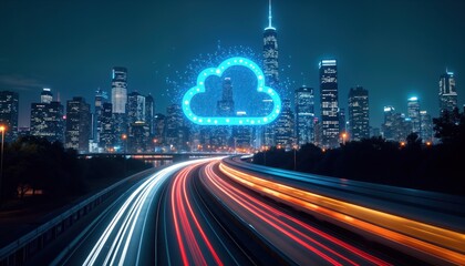 Fototapeta premium City skyline at night. Cloud computing tech icon. Fast moving cars. Modern urban scene. Global network connection. Dynamic speed, tech. Abstract graphic design. Digital communication concept. Evening