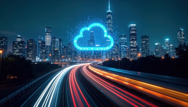 City skyline at night. Cloud computing tech icon. Fast moving cars. Modern urban scene. Global network connection. Dynamic speed, tech. Abstract graphic design. Digital communication concept. Evening