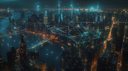 Fototapeta premium Smart digital Innovation city with connection network reciprocity over the cityscape. of future smart wireless digital city and social media networking systems that connects people with in city