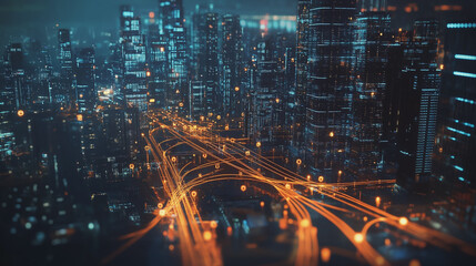 Naklejka premium Smart digital Innovation city with connection network reciprocity over the cityscape. of future smart wireless digital city and social media networking systems that connects people with in city