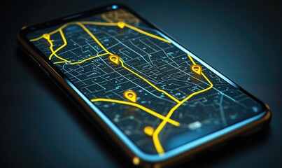 A cell phone with a map of a city on it