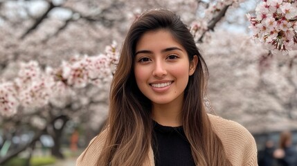 Young hispanic female enjoying cherry blossoms in bloom