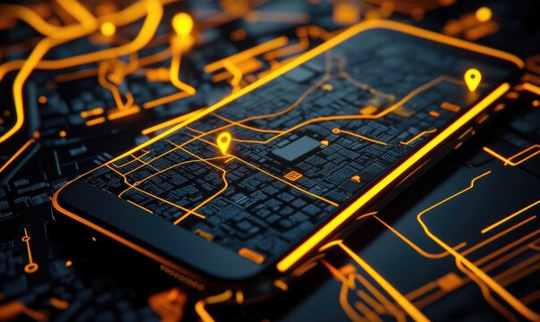 A cell phone with a map of a city on it