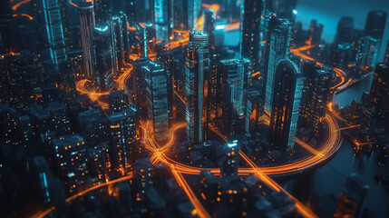 Fototapeta premium Smart digital Innovation city with connection network reciprocity over the cityscape. of future smart wireless digital city and social media networking systems that connects people with in city