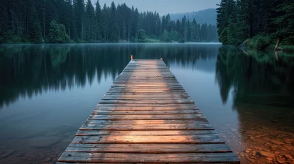 Foto op Plexiglas A wooden pier extending into a softly lit lake surrounded by forest with light reflections © Ghazala
