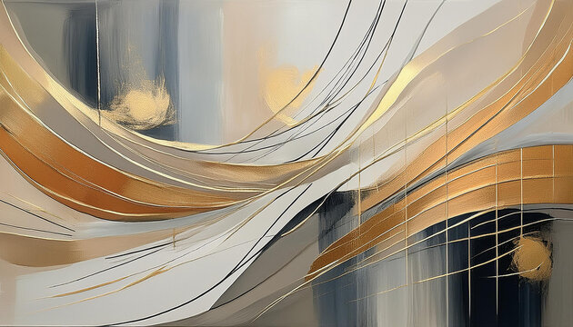Abstract artwork with flowing lines, neutral color scheme and delicate touches of luminous gold.