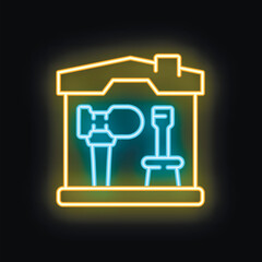 Glowing neon toolbox with hammer and screwdriver on a black background, perfect for projects related to construction, repair, diy, and more