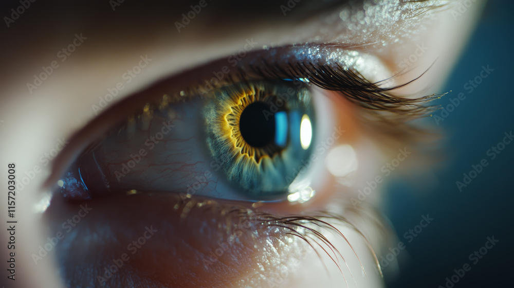 Poster close-up view of a human eye displaying intricate details and striking color patterns in natural lig