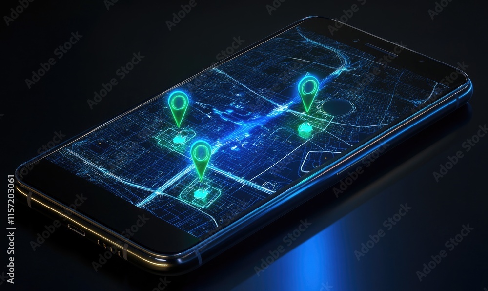 Poster a cell phone with a map on it showing three locations