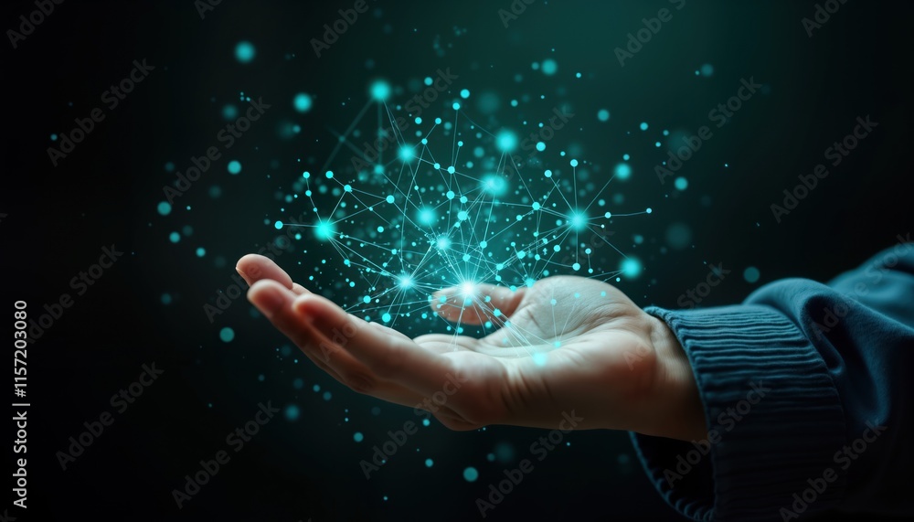 Poster Hand holds glowing network of data connections. Digital innovation, tech progress visualized. Modern tech concept. Abstract tech illustration. Hand represents human interaction with digital world.