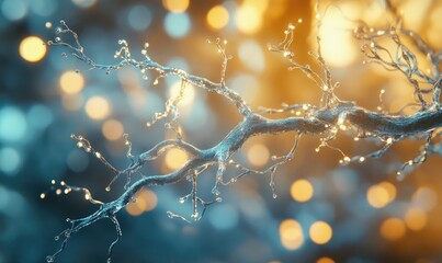 A branch with a lot of water droplets on it