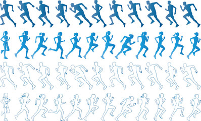 runner silhouette vector set, Running motion sequence, silhouette of male and female runners, dynamic illustration, fitness, sports, exercise. Ideal for sports, animation, and training projects