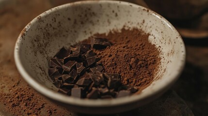 Dark Chocolate Pieces and Cocoa Powder in Rustic Bowl Crafting