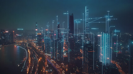 Fototapeta premium Smart digital Innovation city with connection network reciprocity over the cityscape. of future smart wireless digital city and social media networking systems that connects people with in city