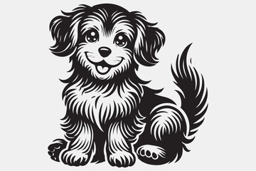 A stylized black and white silhouette of a puppy sitting.