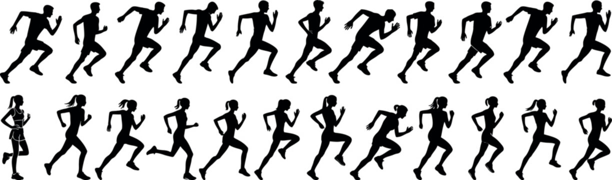 runner silhouette vector set, running man woman sequence, motion, athletic vector illustration, dynamic jog, fitness movement animation, isolated runners on white, exercise illustration, human activit