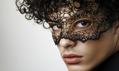 A man with curly hair wearing a black lace mask