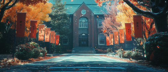 Obraz premium Colorful graduation banners adorn a school building in autumn foliage