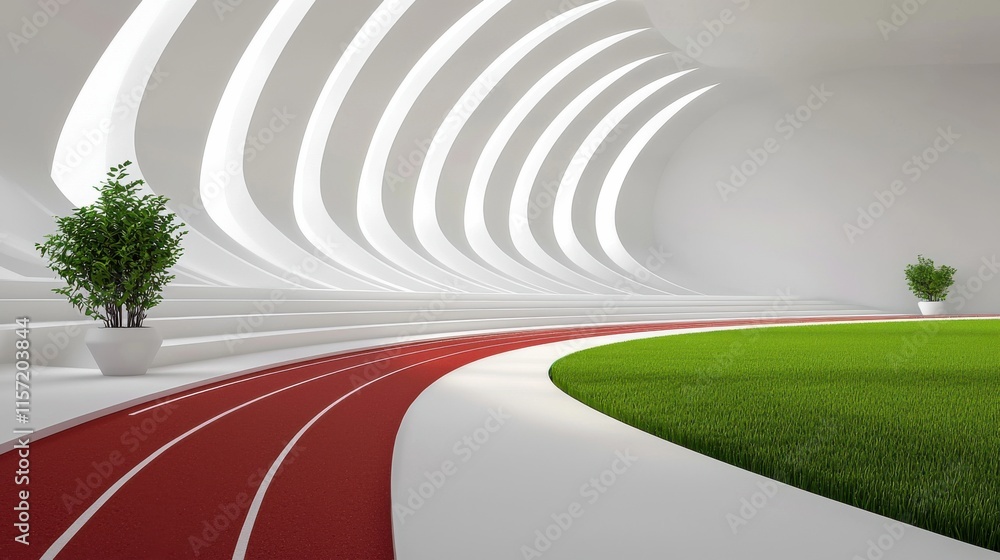 Poster modernistic architecture curved corridor with grassy running track in tranquil environment