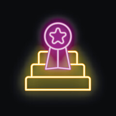 Neon sign illustrating a glowing ribbon badge at the top of stairs, symbolizing achievement and progress