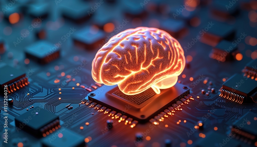 Poster Glowing brain rests on processor. Futuristic concept of human intelligence merging with machine learning. Data processing, analysis visualized in digital tech scene. AI evolution shown. Digital brain