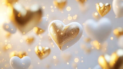 Fototapeta premium Floating golden and white hearts with sparkles in a dreamy atmosphere