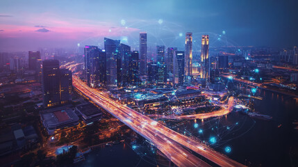 Obraz premium Smart digital Innovation city with connection network reciprocity over the cityscape. of future smart wireless digital city and social media networking systems that connects people with in city