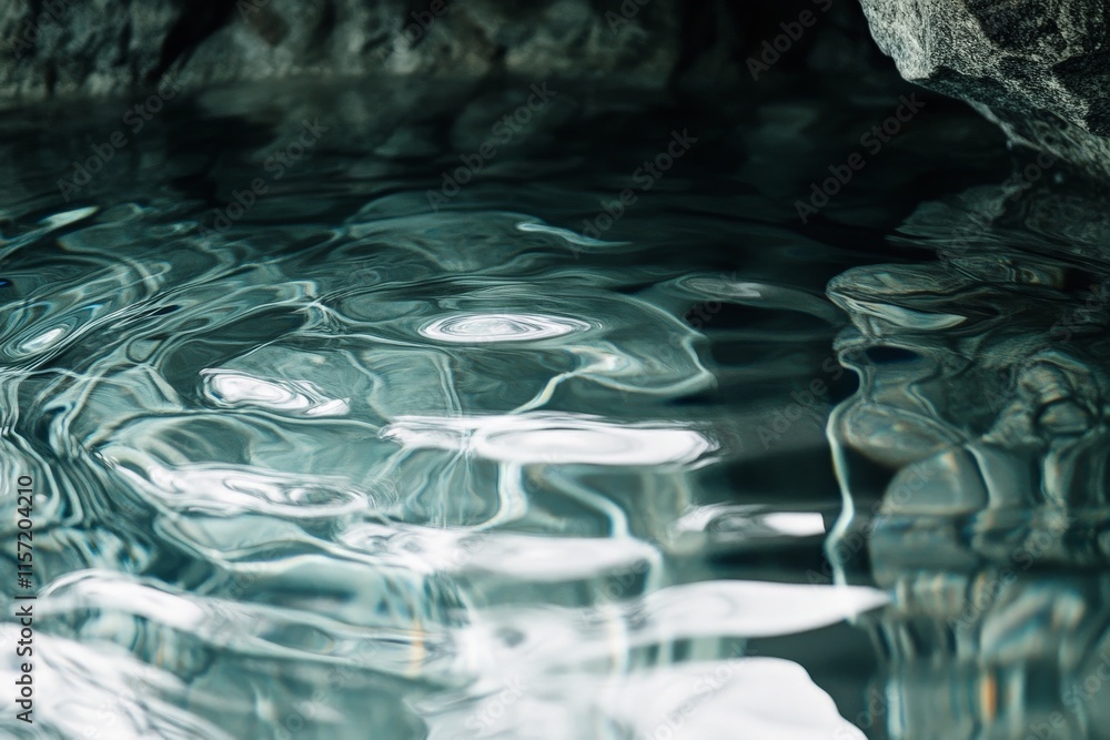 Poster intricate reflections dance on the water's surface in a mystic cave, where soft light illuminates ge