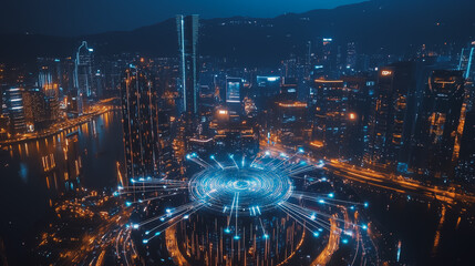 Fototapeta premium Smart digital Innovation city with connection network reciprocity over the cityscape. of future smart wireless digital city and social media networking systems that connects people with in city