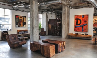 A room with a large painting on the wall and a few pieces of furniture