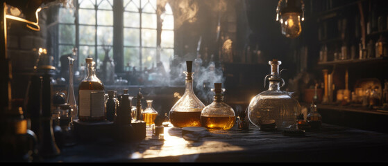 Fototapeta premium Cinematic view of a castle alchemist's lab filled with potions and mystical ingredients